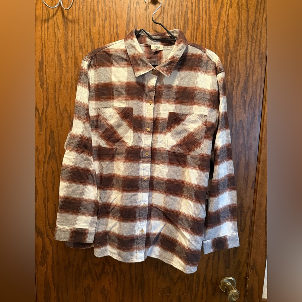 Brown and White Plaid Button-Up Women's Shirt-Brand New